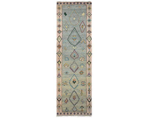13 Feet Moroccan Green Hand Woven Wool Runner Rug